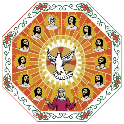 Piirretyssä kuvassa on keskellä valkoinen kyyhky ja ympärillä kahdentoista opetuslapsen kuvat.