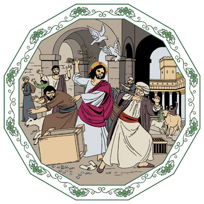 Piirretyssä kuvassa Jerusalemin temppeli tuhoutuu. Vihastunut Jeesus kulkee hätääntyneiden ihmisten joukossa. sanoen 