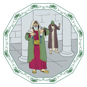 Piirretyssä kuvassa hyvin pukeutunut fariseus rukoilee etualalla näyttävästi. Taustalla pylvään suojassa on vaatimaton publikaani rukoilemassa.