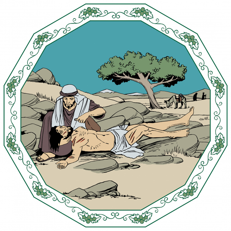 Piirretyssä kuvassa samarialainen hoivaa rosvojen ryöstämää miestä.