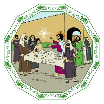 Piirretyssä kuvassa Jeesus herättää lesken pojan kuolleista.