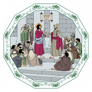Piirretyssä kuvassa Jeesus keskustelee lainopettajan kanssa. Heidän ympärillään on ihmisiä kuuntelemassa.