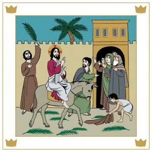 Piirretyssä kuvassa Jeesus ratsastaa aasilla Jerusalemin kaupunkiin, ihmisiä on ympärillä palmunoksat käsissään.