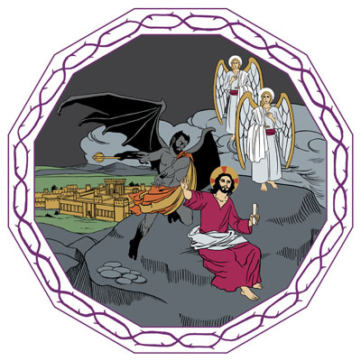 Piirretyssä kuvassa Jeesus kalliolla, hänen toisella puolellaan on mustasiipinen saatana, toisella puolella kaksi enkeliä.