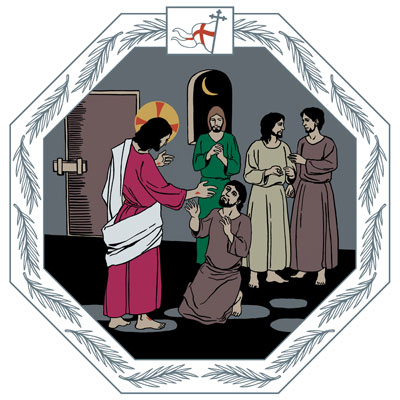 Piirretyssä kuvassa ylösnoussut Jeesus ilmestyy Tuomakselle ja muille opetuslapsille
