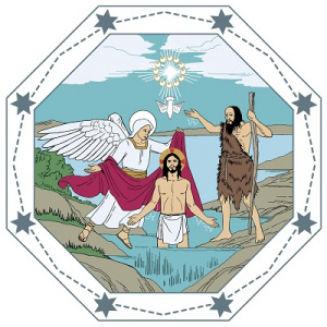 Piirretyssä kuvassa Johannes kastaa Jeesuksen. Jeesus seisoo joessa enkeli vierellään, kyyhkysen laskeutuessa taivaasta.