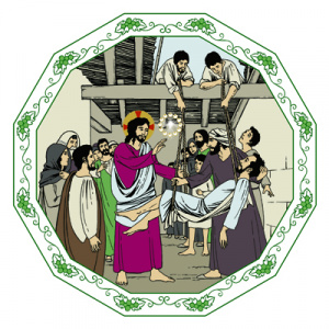 Piirretyssä kuvassa Jeesus parantaa katon läpi lasketun halvaantuneen miehen.