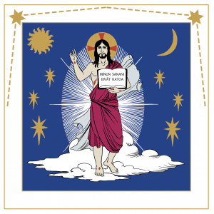 Piirretyssä kuvassa on Jeesus pilvien, tähtien, auringon ja kuun ympäröimänä kädessään avattu kirja, jossa lukee: 