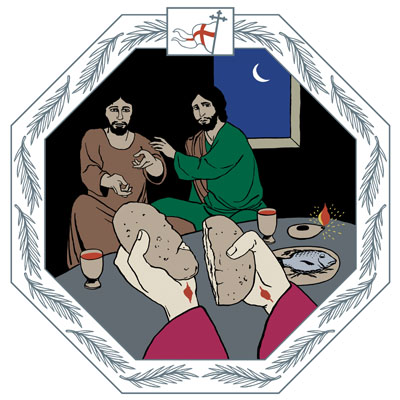 Viikkomessu Piirretyssä Jeesus murtaa leipää kahden opetuslapsen seuratessa tilannetta.