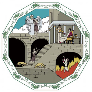 Piirretyssä kuvassa näkyy rikas mies juhlimassa ja köyhä mies hänen portaillaan sekä mies liekkien keskellä ja toinen enkelin sylissä kohoamassa ylös