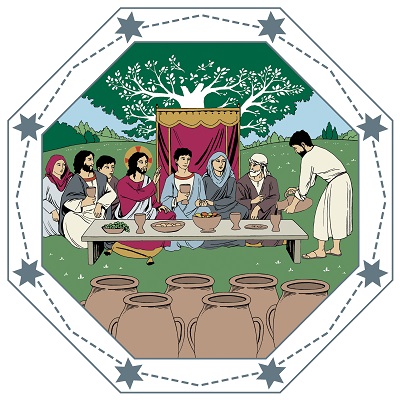 Piirretyssä kuvassa on etualalla kuusi suurta vesiruukkua ja taustalla hääjuhlaa viettävää väkeä, Jeesus on vihkiparin vieressä.