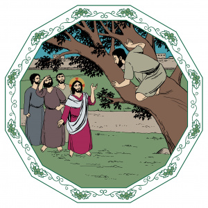 Piirretyssä kuvassa Sakkeus-niminen mies on kiivennyt puuhun ja Jeesus seurueineen on pysähtynyt puun alle.