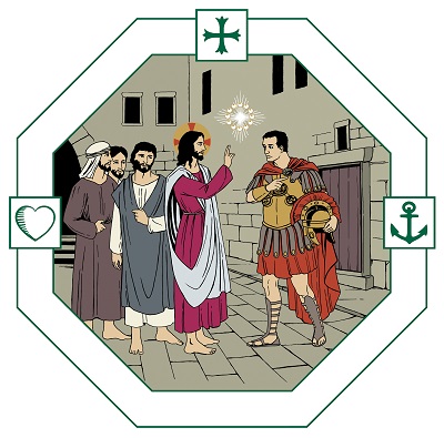 Piirretyssä kuvassa Jeesus kohtaa roomalaisen upseerin
