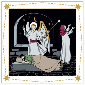 Piirretyssä kuvassa enkeli puhuttelee nukkuvaa Joosefia, Marian rukoillessa taustalla.
