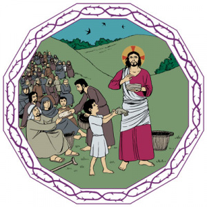 Piirretyssä kuvassa Jeesus ruokkii viisituhatta miestä. Kuvassa hän siunaa kädessään olevan leivän lapsen ojentaessa hänelle myös kalan siunattavaksi.