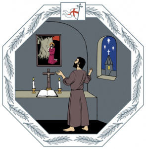 Piirretyssä kuvassa on alttarin edessä seisova rukoilija kädet kohotettuna.