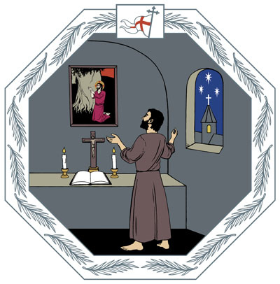Piirretyssä kuvassa mies rukoilee alttarin edessä. Alttarilla on raamattu, risti ja kaksi kynttilää, alttarin päällä on taulu Jeesuksesta.