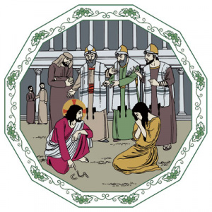 Piirretyssä kuvassa etualalla Jeesus on kyykistyneenä ja nainen polvillaan maassa, taustalla on syyttäviä kirjanoppineita