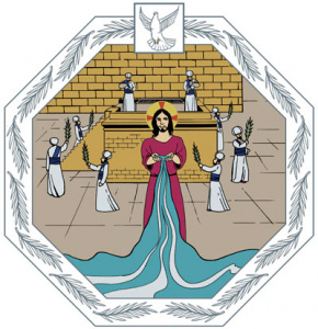 Piirretyssä kuvassa Jeesuksen käsistä lähtee virta, taustalla on lattari ja sen ympärillä valkopukuisia pappeja