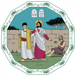 Piirretyssä kuvassa Jeesus on kuvan keskellä vierellään siisteihin vaatteisiin pukeutunut mies. Jeesuksen toisella puolella taustalla muurin edessä on kerjäläinen. Jeesuksen yläpuolella ilmassa leijuvat kymmenen käskyn taulut.