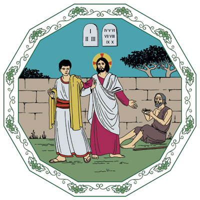 Piirretyssä kuvassa näkyy kivitauluun kirjoitetut kymmenen käskyä. Jeesus puhuu miehelle, joka on polvistunut hänen eteensä ja kysyy, kuinka saavuttaa iankaikkisen elämän.