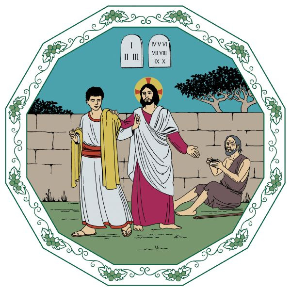 Messu Piirretyssä kuvassa näkyy kivitauluun kirjoitetut kymmenen käskyä. Jeesus puhuu miehelle, joka kysyy, kuinka saavuttaa iankaikkisen elämän.