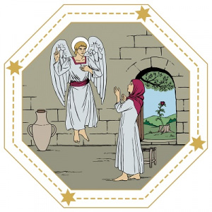 Piirretyssä kuvassa enkeli Gabriel ilmestyy neitsyt Marialle ilmoittaen Jumalan pojan syntymisestä.