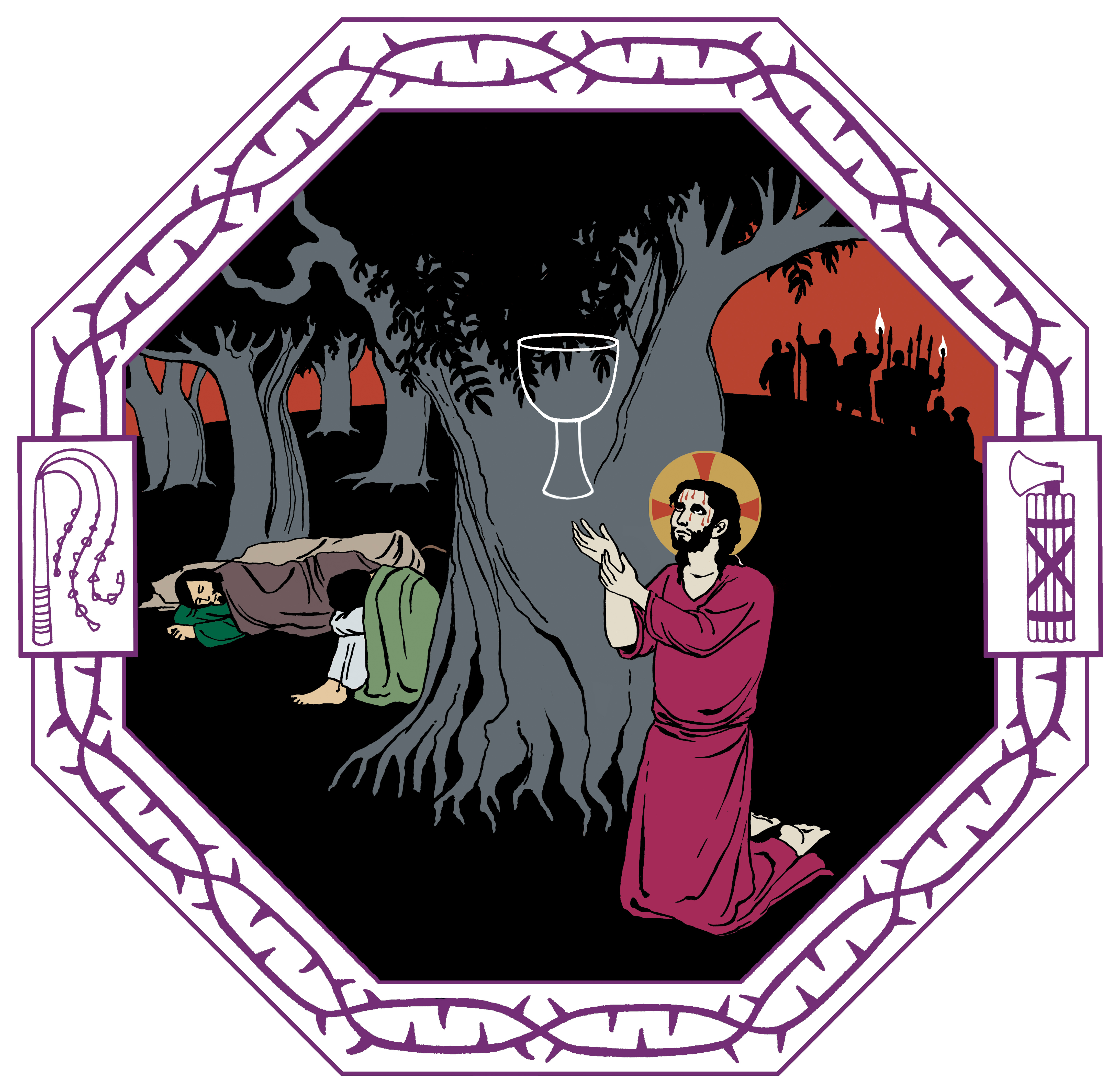 Piirretyssä kuvassa Jeesus on polvistuneena puun juurelle. Taustalla näkyy nukkuvia opetuslapsia.