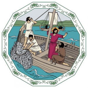 Piirretyssä kuvassa Jeesus on veneessä, jonka kalastajat nostavat suurta saalista