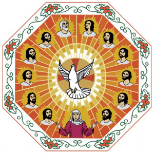 Piirretyssä kuvassa on lentävä kyyhkynen kuvastaen Pyhää Henkeä, kyyhkysen ympärillä on kasvokuvat opetuslapsista kuin tulenlieskojen keskellä.