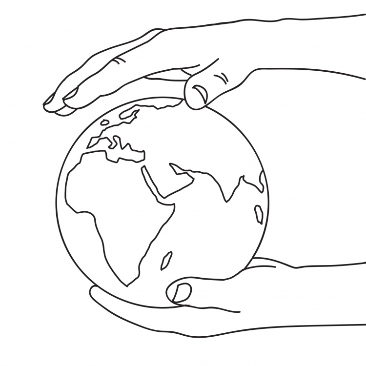 Piirretty kuva käsistä, joiden välissä maapallo.