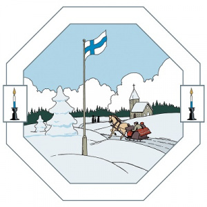 Piirretyssä kuvassa ihmiset ajavat hevosreellä kirkkoa kohti lumisessa maisemassa, Suomenlipun liehuessa lipputangossa.