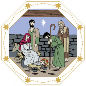 Piirretyssä kuvassa paimenet kumartavat Jeesus-lasta, joka nukkuu tallin seimessä. Maria ja Joosef vartioivat hänen untaan.