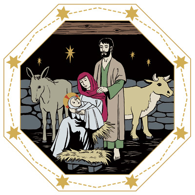 Piirretyssä kuvassa Maria pitelee Jeesus-lasta sylissään Joosefin seisoessa hänen vierellään, takana on tallin eläimiä.