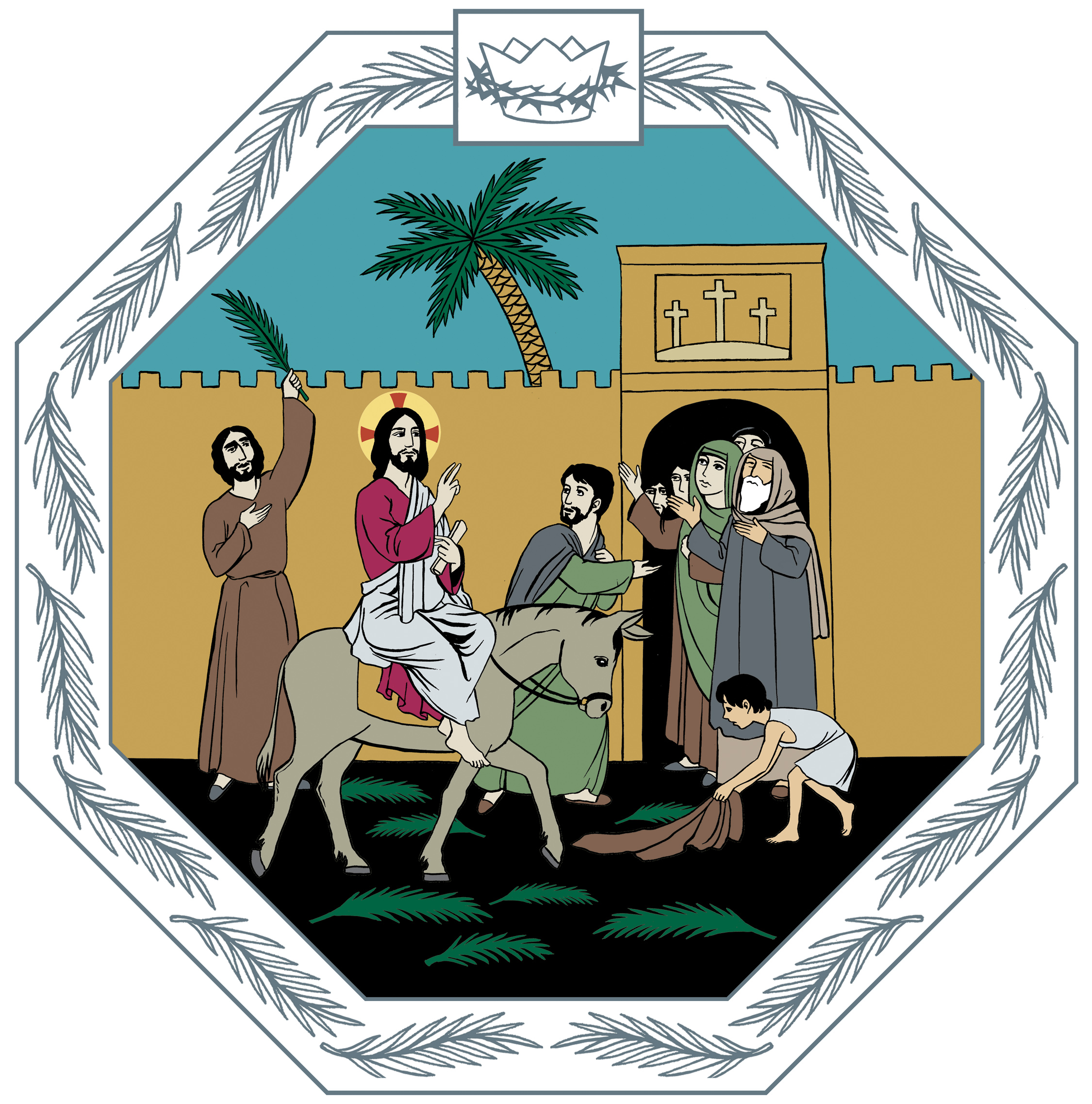 Piirretyssä kuvassa Jeesus ratsastaa aasilla Jerusalemiin. Ihmiset levittävät vaatteita ja palmunoksia tielle.