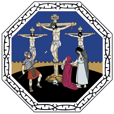Piirretyssä kuvassa on kolme ristiinnaulittua sekä sotilas keihäineen ja kaksi naista