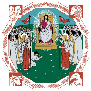 Piirretyssä kuvassa Jeesus istuu valtaistuimella ympärillään ihmisiä.