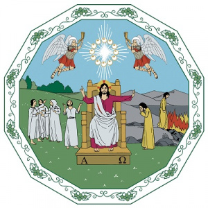 Piirretyssä kuvassa Jeesus istuu valtaistuimella enkeleiden lentäessä hänen yläpuolellaan.