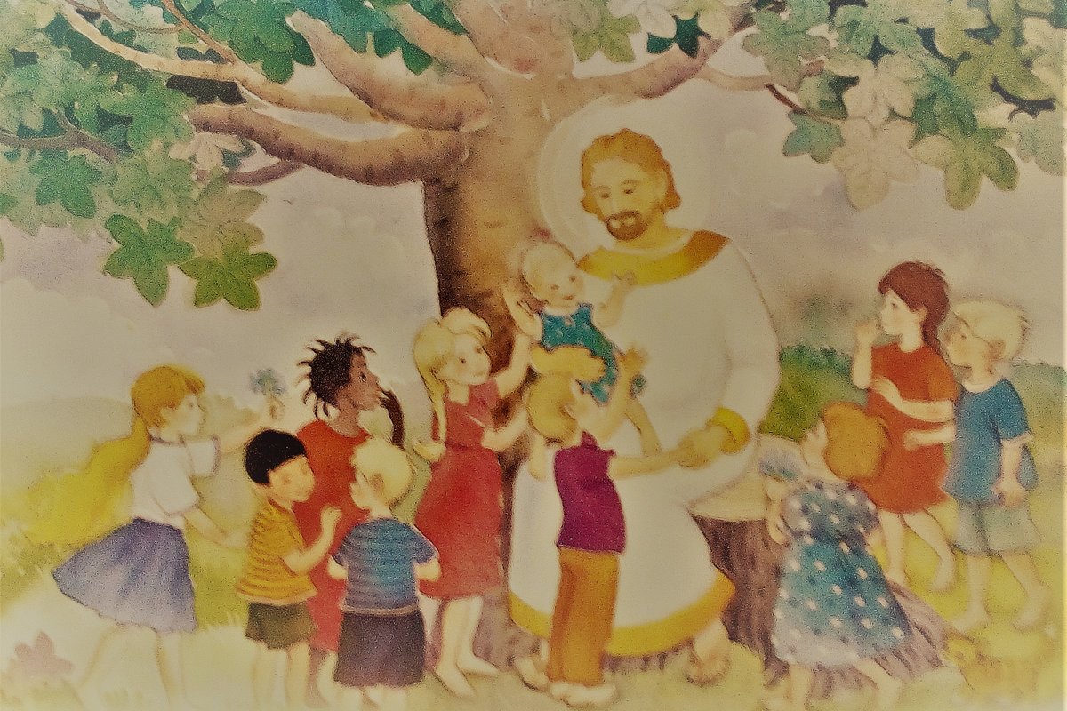 Jeesus ja lapset -aiheinen pyhäkoulutaulu osallistumistarroille